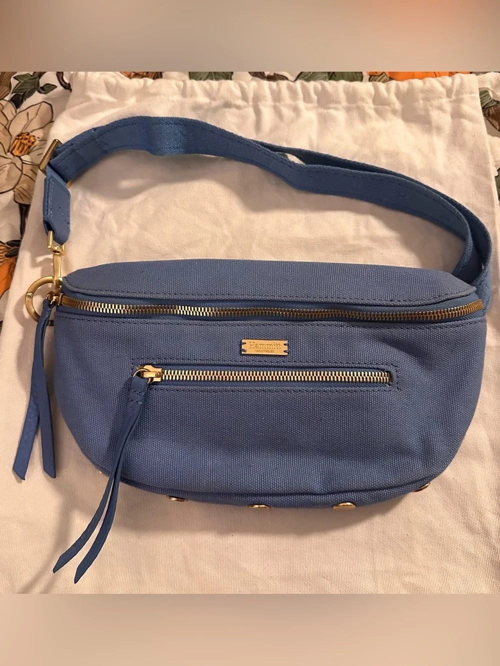 Hammitt Dusty Blue Canvas Crossbody Bag with Gold Hardware